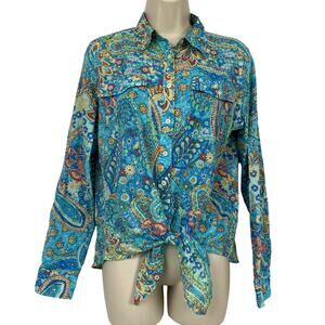 Ralph Lauren Top Womens Medium Blue Lightweight Paisley Retro Floral Tie Front